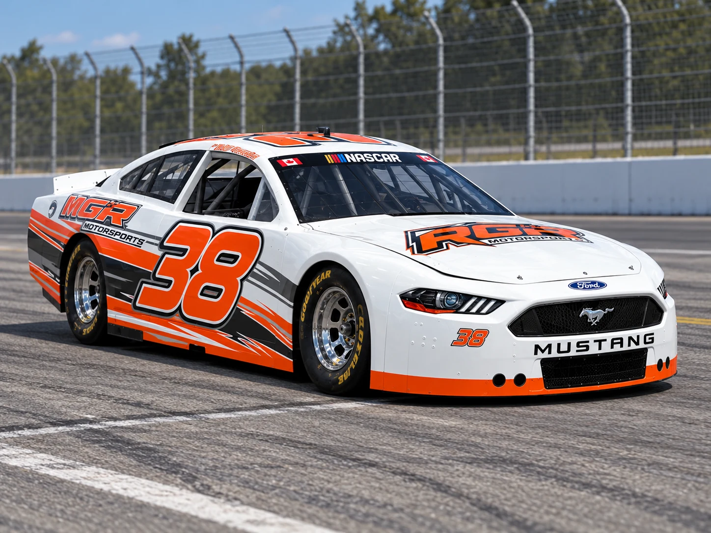 RGR Motorsports number 38 white and orange Ford Mustang race car on the track